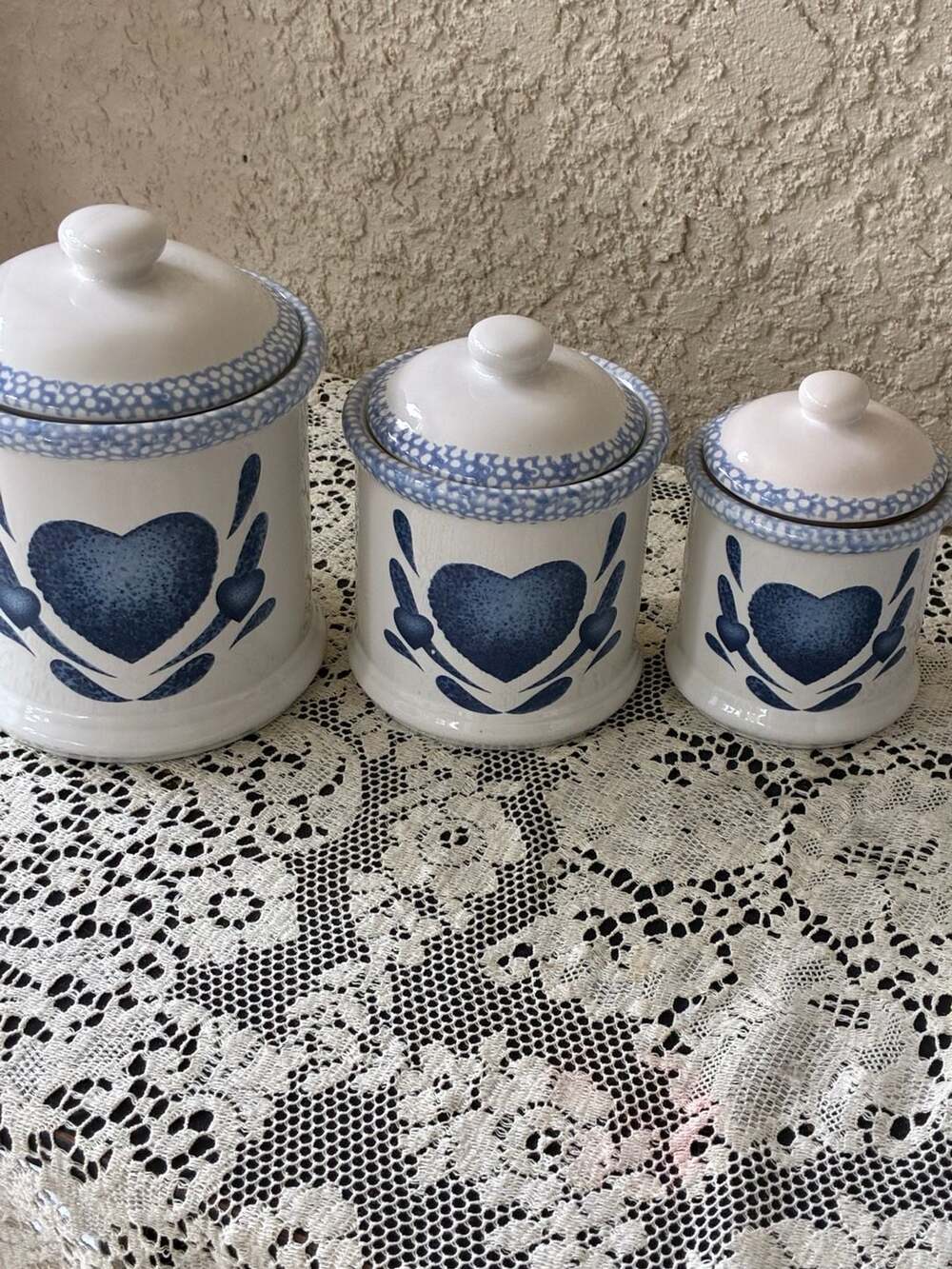 Blue Heart 3 piece Canister Jar set Stoneware Farmhouse-Jay Import